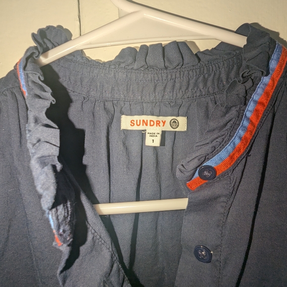 Sundry Navy Ruffle Blouse with Colorful Trim - Picture 3 of 4